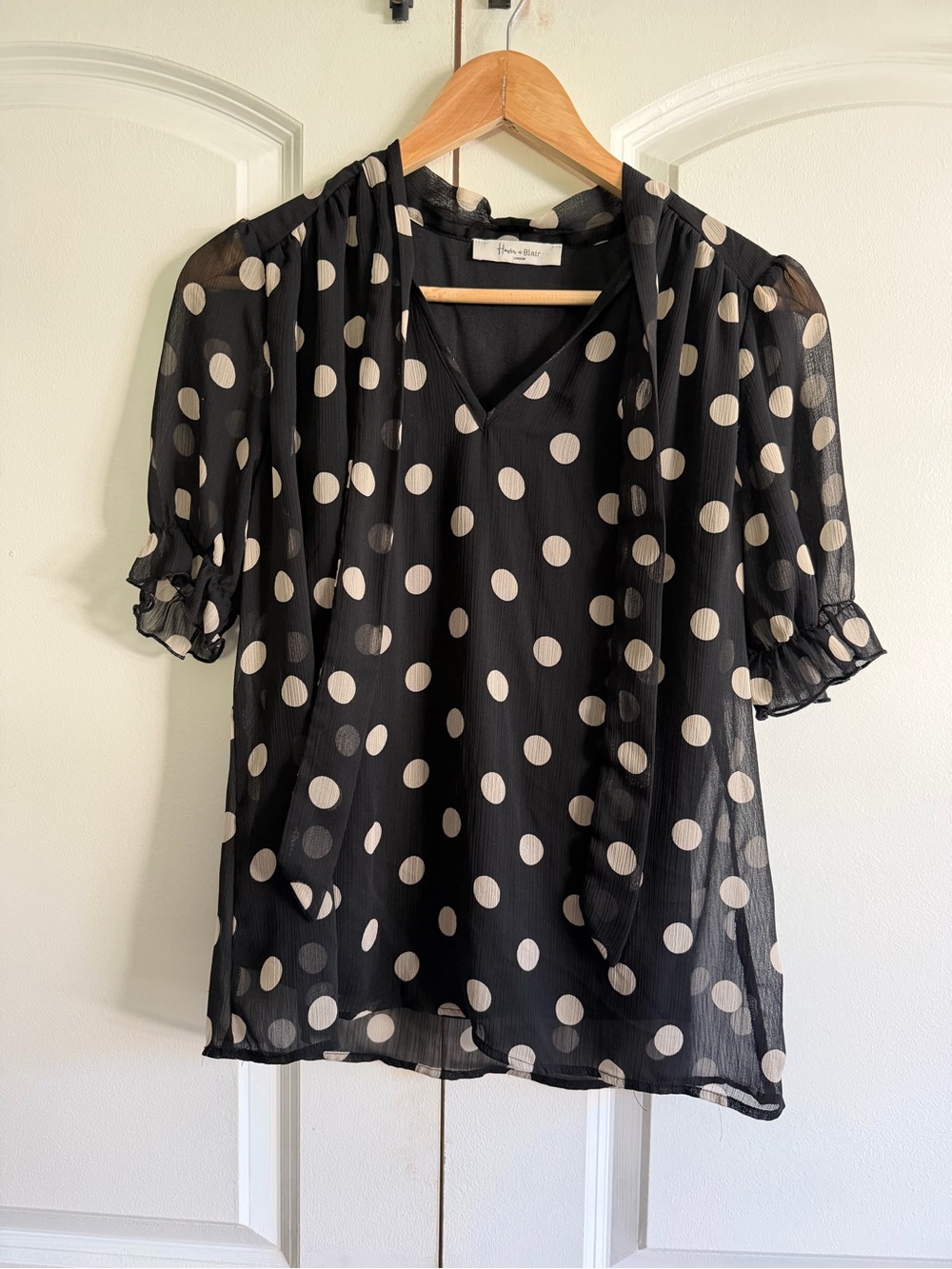 Polka Dot Tie-Neck Blouse in Black and Cream Puff Sleeves Cute V